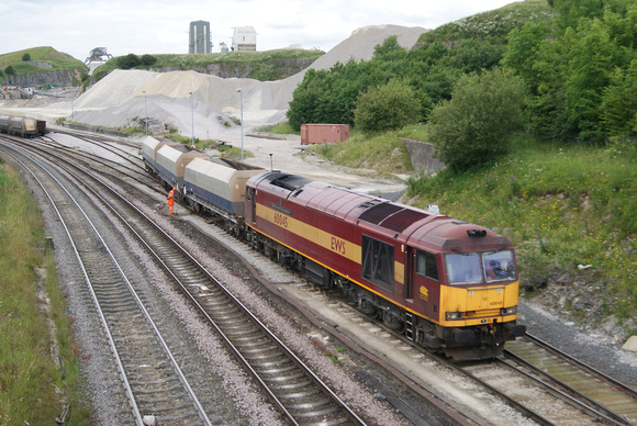 DBS Class 60 60045 'The Permanent Way Institute' shunts hoppers at Tunstead.24/07/12