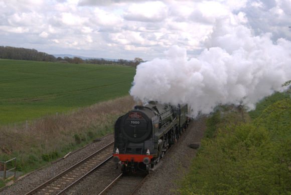 70000 'Britannia' on The Catherdrals Express' at Wardle between Crewe and Chester.14/04/12