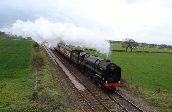 70000 'Britannia' on Cathedrals Express near Waverton Chester to Crewe line. 14/04/12.