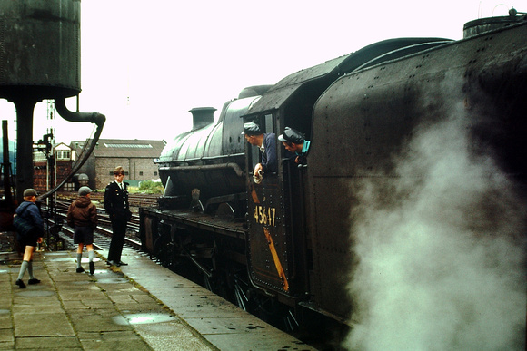 Ex LMS 'Jubilee' 4-6-0 45647 'Sturdee' at Llandudno station awaiting return to Leeds. Summer 1966.