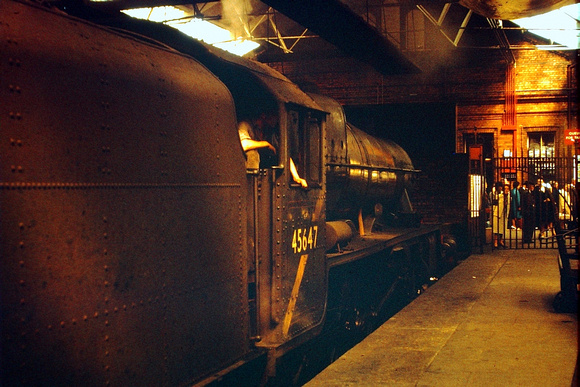 Ex LMS 'Jubilee' 4-6-0 45647 'Sturdee' at Llandudno station awaiting return to Leeds. Summer 1966.