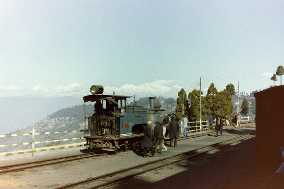 Darjeeling station with the vista of the Himalayas in the background