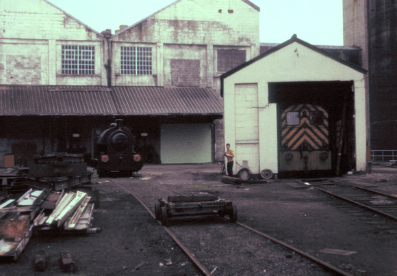 The old and the new at Alscott sugar factory Shropshire. William Bagnall 0-6-0 saddle tank preserved in the open and Drewery 0-6-0 diesel in the shed.