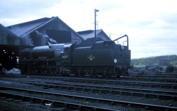 West Country 34097 'Holsworthy' at Eastleigh shed Sumer 1964