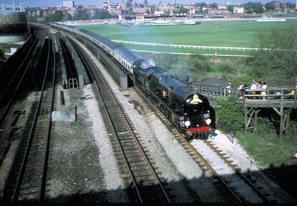 'Clan Line' Merchant Navy pacific crossing the Roodee viaduct Chester 1975