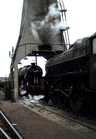 Class 5s under the ash plant at Carnforth 1968